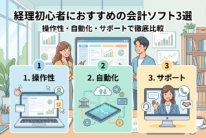 「経理初心者におすすめの会計ソフト3選」という見出しが入ったアイキャッチ画像。1.操作性、2.自動化、3.サポートの3つの比較ポイントがアイコンとイラストで分かりやすくパネル化されており、明るいオフィスで男女がパソコンのダッシュボードを眺めている清潔感のあるデザイン。