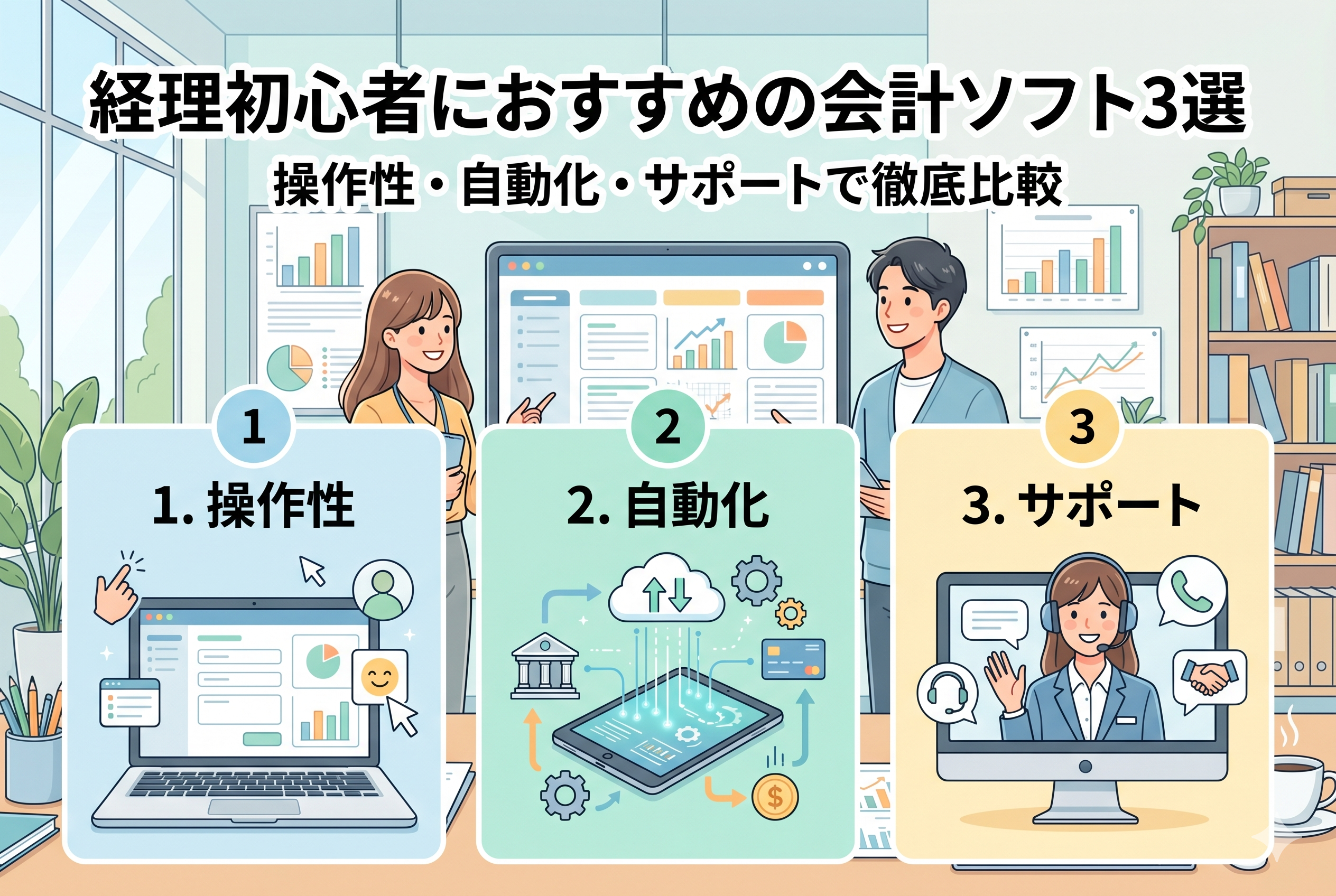 「経理初心者におすすめの会計ソフト3選」という見出しが入ったアイキャッチ画像。1.操作性、2.自動化、3.サポートの3つの比較ポイントがアイコンとイラストで分かりやすくパネル化されており、明るいオフィスで男女がパソコンのダッシュボードを眺めている清潔感のあるデザイン。