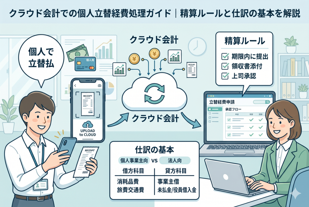 クラウド会計での個人立替経費処理を解説するイラスト。男性がスマホで領収書をスキャンし、クラウドにアップロード。中央にはクラウド会計のデータの流れ。右側では女性がパソコンで経費申請を承認しており、精算ルールのチェックリスト(期限内に提出、領収書添付、上司承認)が示されている。下部には「仕訳の基本」として、個人事業主(借方:消耗品費、貸方:事業主借)と法人(貸方:未払金/役員借入金)の違いが表でまとめられている。