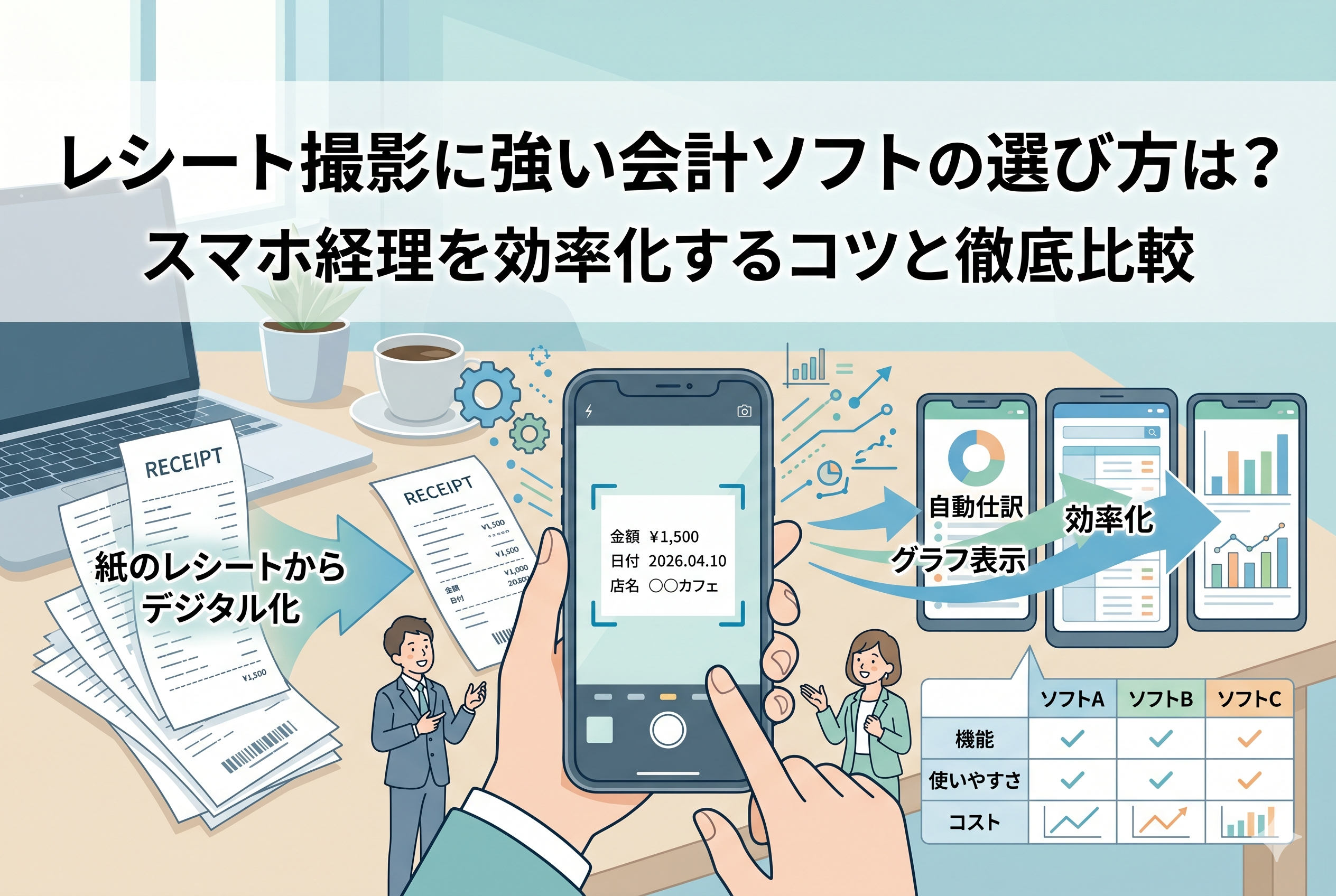 スマートフォンでレシートを撮影し、会計ソフトへデータ化・自動仕訳される流れを描いたイラスト。紙の資料からデジタル管理へ移行し、経理業務を効率化する様子やソフト比較のイメージが表現されています。