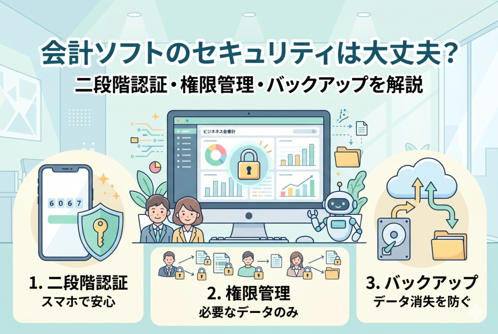 会計ソフトのセキュリティ対策を象徴するイラスト。中央のPCモニターには二段階認証の盾アイコン、権限管理を示す複数のユーザーアイコン、そしてバックアップを意味するクラウドと保存の矢印が表示されている。清潔感のあるオフィス背景で男女のプロフェッショナルが安心して作業している様子。