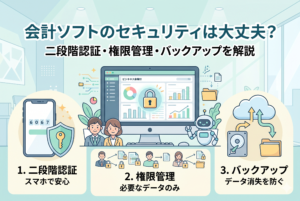 会計ソフトのセキュリティ対策を象徴するイラスト。中央のPCモニターには二段階認証の盾アイコン、権限管理を示す複数のユーザーアイコン、そしてバックアップを意味するクラウドと保存の矢印が表示されている。清潔感のあるオフィス背景で男女のプロフェッショナルが安心して作業している様子。