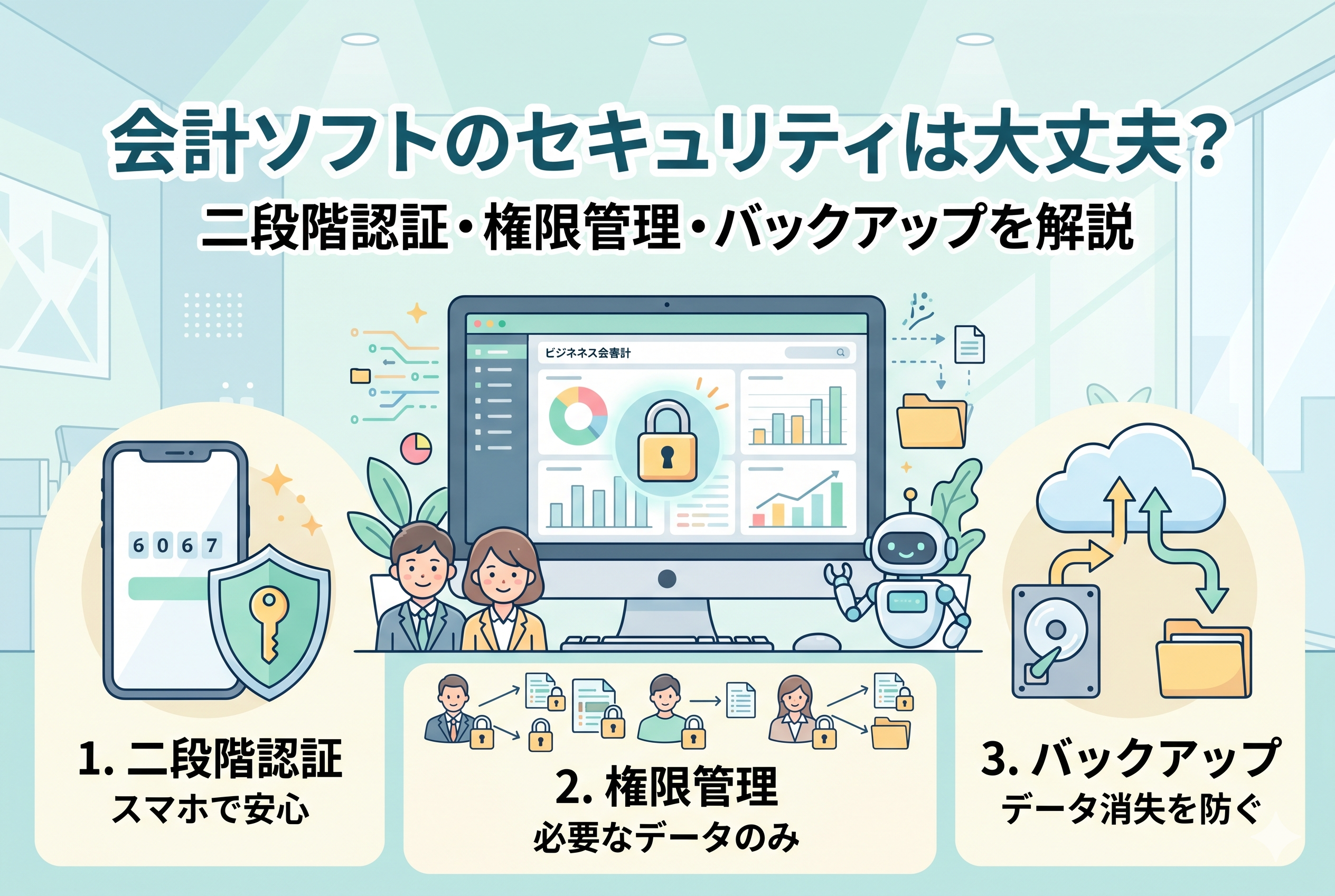 会計ソフトのセキュリティ対策を象徴するイラスト。中央のPCモニターには二段階認証の盾アイコン、権限管理を示す複数のユーザーアイコン、そしてバックアップを意味するクラウドと保存の矢印が表示されている。清潔感のあるオフィス背景で男女のプロフェッショナルが安心して作業している様子。