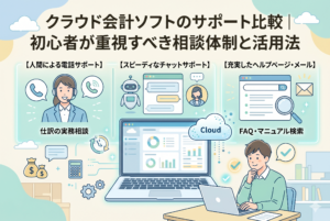 「クラウド会計ソフトのサポート比較｜初心者が重視すべき相談体制と活用法」というタイトルのアイキャッチ画像。中央のノートパソコンを囲むように、人間による丁寧な【電話サポート】（仕訳の実務相談）、スピーディな【チャットサポート】（操作方法・エラー解決）、充実した【ヘルプページ・メール】（FAQ・マニュアル検索）の3つの主要な相談手段が、アイコンとテキストで整理されている。前景では経営者の男性が、安心した表情で各サポートを比較検討している様子を、親しみやすい精緻なイラストで表現している。