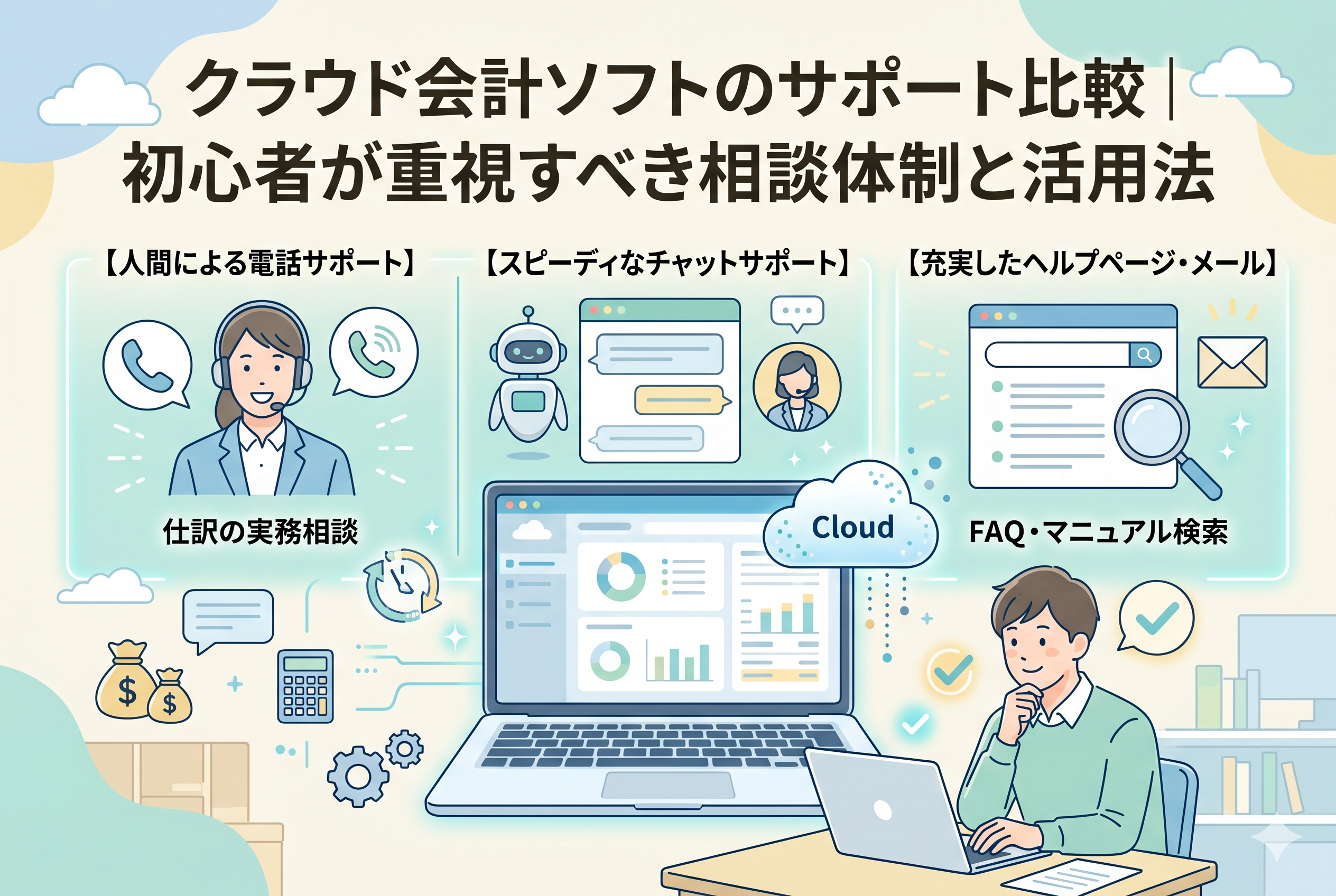 「クラウド会計ソフトのサポート比較｜初心者が重視すべき相談体制と活用法」というタイトルのアイキャッチ画像。中央のノートパソコンを囲むように、人間による丁寧な【電話サポート】（仕訳の実務相談）、スピーディな【チャットサポート】（操作方法・エラー解決）、充実した【ヘルプページ・メール】（FAQ・マニュアル検索）の3つの主要な相談手段が、アイコンとテキストで整理されている。前景では経営者の男性が、安心した表情で各サポートを比較検討している様子を、親しみやすい精緻なイラストで表現している。