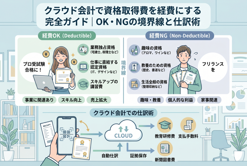 クラウド会計で資格取得費を経費にする際の判断基準と仕訳方法を解説した図解イラスト。上部では、経費にできる例(業務独占資格、IT・デザイン等の認定資格、講習費)と経費にできない例(趣味、教養、生活全般の資格)を左右で対比。下部では、スマートフォンで領収書と合格証をスキャンし、クラウド会計へ自動仕訳・証拠保存する流れを示している。勘定科目として「教育研修費」「支払手数料」「新聞図書費」への振り分け例が記載されている。