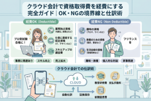 クラウド会計で資格取得費を経費にする際の判断基準と仕訳方法を解説した図解イラスト。上部では、経費にできる例（業務独占資格、IT・デザイン等の認定資格、講習費）と経費にできない例（趣味、教養、生活全般の資格）を左右で対比。下部では、スマートフォンで領収書と合格証をスキャンし、クラウド会計へ自動仕訳・証拠保存する流れを示している。勘定科目として「教育研修費」「支払手数料」「新聞図書費」への振り分け例が記載されている。