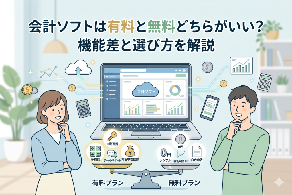 「会計ソフトは有料と無料どちらがいい？」というタイトルのアイキャッチ画像。笑顔の女性と男性がノートパソコンを囲み、天秤で有料プランと無料プランの機能差を比較検討している。有料プラン（自動連携、多機能、チャットサポート、青色申告控除）と無料プラン（0円、シンプル、機能制限あり、白色申告）のメリット・デメリットがアイコンとテキストで対比された、明るいオフィスのイラスト。