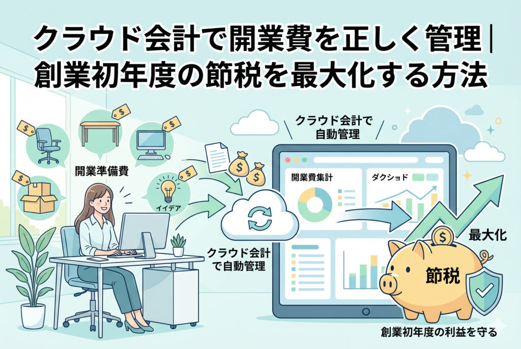 パソコンで作業する起業家の女性の周囲に、デスクやPC、アイデアなどの開業準備費用のアイコンが浮かび、それらがクラウド会計ソフトのダッシュボードを通じて「節税」と書かれた貯金箱に蓄積されていく様子を描いたイラスト。創業初年度の利益を守り、節税を最大化するイメージを表現している。