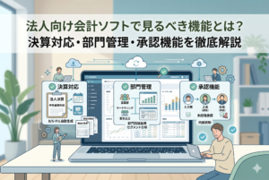 「法人向け会計ソフトで見るべき機能とは？」というタイトルのアイキャッチ画像。ノートパソコンの画面を中心に、法人の決算対応（申告書類作成）、部門管理（部門別損益表・セグメント分析）、承認機能（入力者・上長・社長の多段階承認）という3つの重要機能が図解で整理されている。清潔感のあるデザインで、スタッフがシステムを活用して内部統制を整えている様子を描いたイラスト。