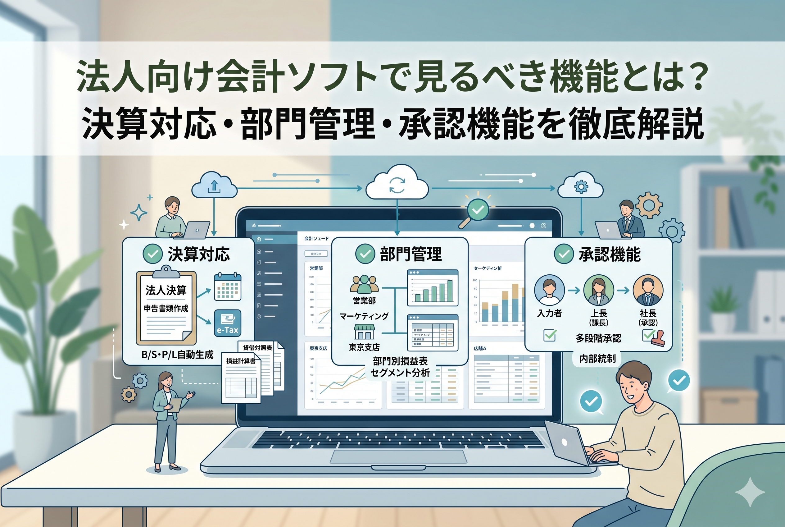 「法人向け会計ソフトで見るべき機能とは？」というタイトルのアイキャッチ画像。ノートパソコンの画面を中心に、法人の決算対応（申告書類作成）、部門管理（部門別損益表・セグメント分析）、承認機能（入力者・上長・社長の多段階承認）という3つの重要機能が図解で整理されている。清潔感のあるデザインで、スタッフがシステムを活用して内部統制を整えている様子を描いたイラスト。