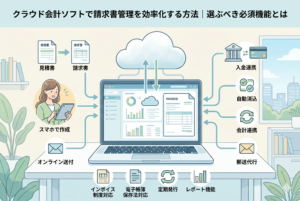 クラウド会計ソフトを活用した請求書管理の効率化を解説するアイキャッチ画像。ノートパソコンを中心に、見積書から請求書への変換、スマホ作成、自動消込、会計連携、インボイス制度や電子帳簿保存法への対応など、選ぶべき必須機能がアイコンで網羅的に描かれたイラスト。