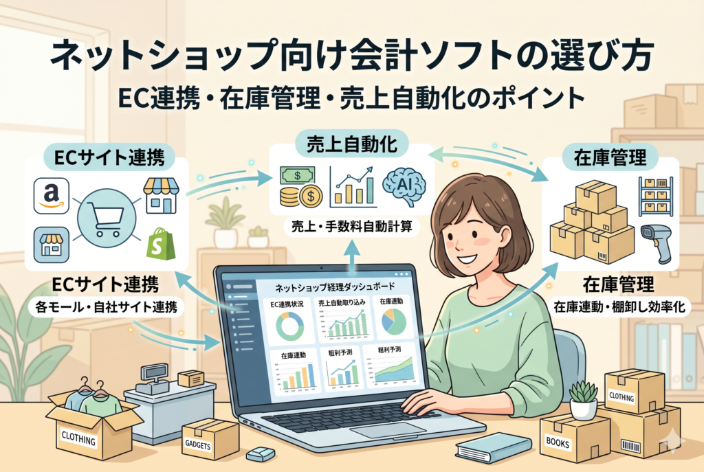 ネットショップ運営者がノートパソコンで会計ソフトのダッシュボードを確認しているイラスト。各ECモールや自社サイトとの連携、AIによる売上・手数料の自動計算、在庫管理と棚卸しの効率化といった機能が図解されており、ネットショップ経理の自動化を表現している。