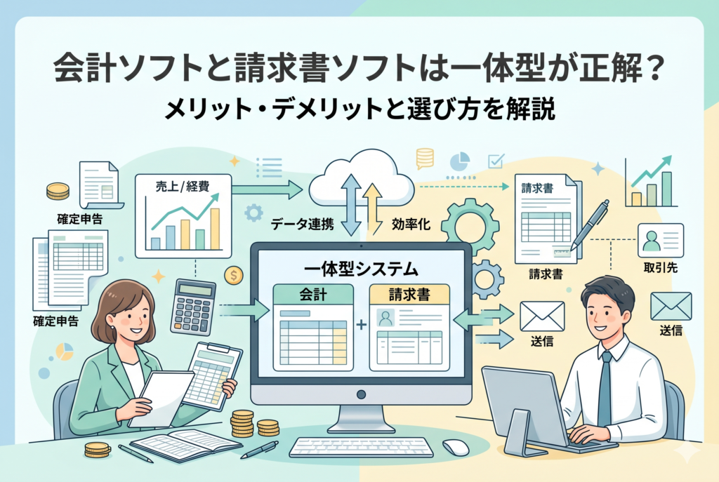 会計ソフトと請求書ソフトの一体型システムを活用して、男女が笑顔で効率的に事務作業を行っているイラスト。中央のモニターには「会計」と「請求書」のデータ連携が示されており、業務の効率化を表現している。