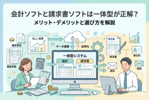 会計ソフトと請求書ソフトの一体型システムを活用して、男女が笑顔で効率的に事務作業を行っているイラスト。中央のモニターには「会計」と「請求書」のデータ連携が示されており、業務の効率化を表現している。