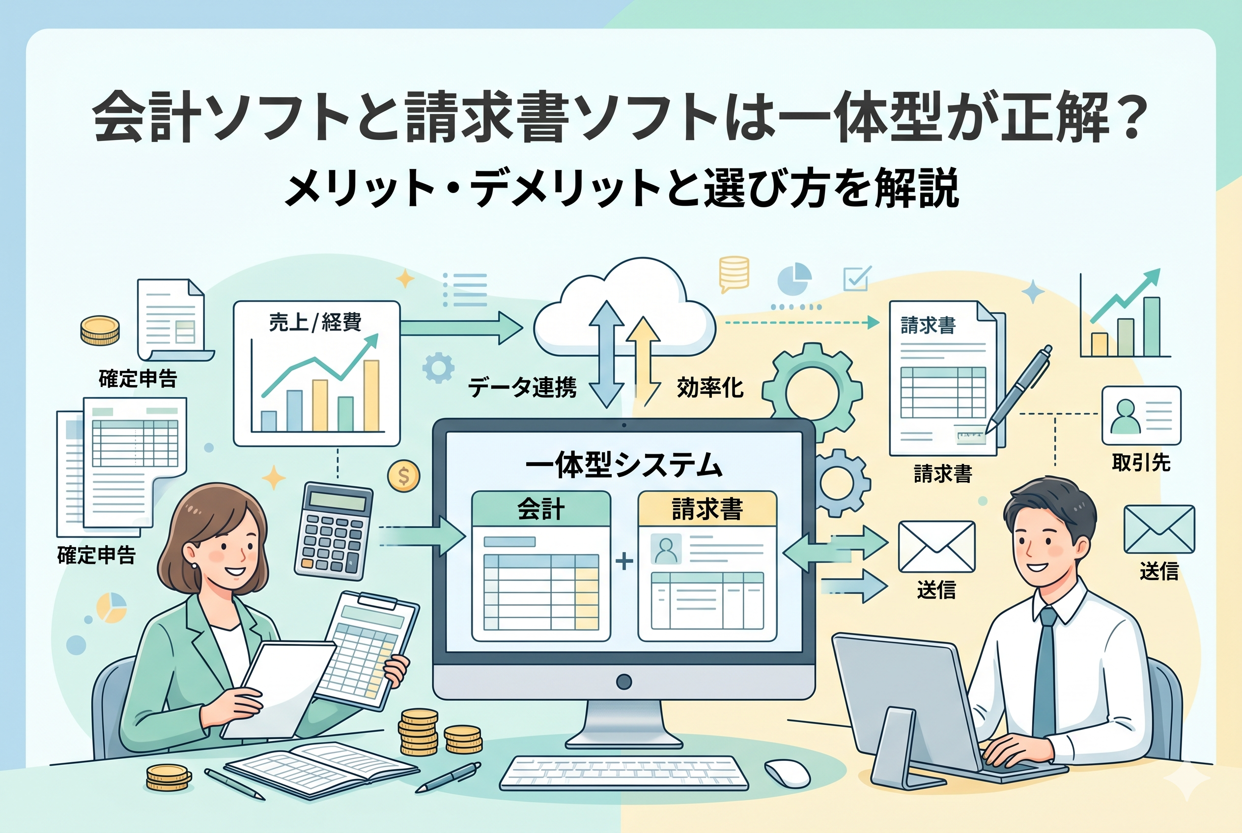 会計ソフトと請求書ソフトの一体型システムを活用して、男女が笑顔で効率的に事務作業を行っているイラスト。中央のモニターには「会計」と「請求書」のデータ連携が示されており、業務の効率化を表現している。