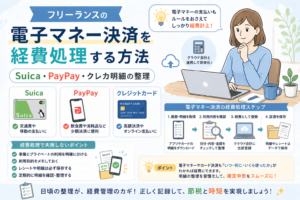フリーランスがSuica・PayPay・クレジットカード明細などの電子マネー決済を経費処理する方法をわかりやすく表したアイキャッチ画像