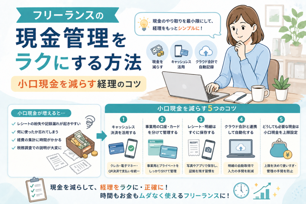 フリーランスの現金管理をラクにする方法について、小口現金を減らしてキャッシュレス決済やクラウド会計を活用するコツをわかりやすく表したアイキャッチ画像