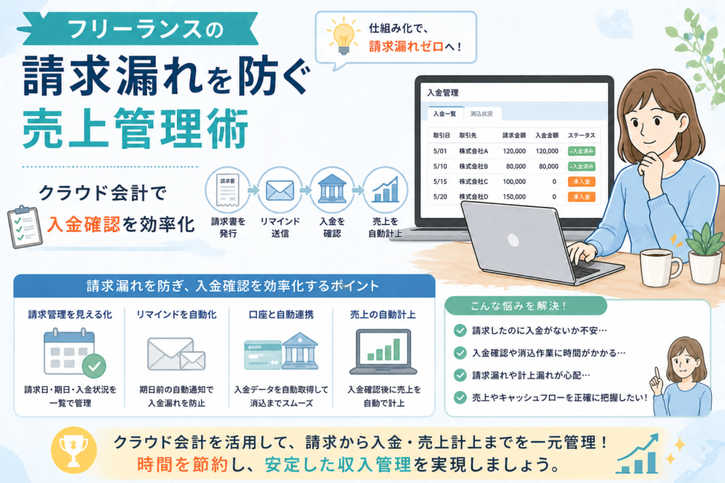フリーランスの請求漏れを防ぐ売上管理術について、クラウド会計で請求書発行から入金確認までを効率化する流れをわかりやすく表したアイキャッチ画像