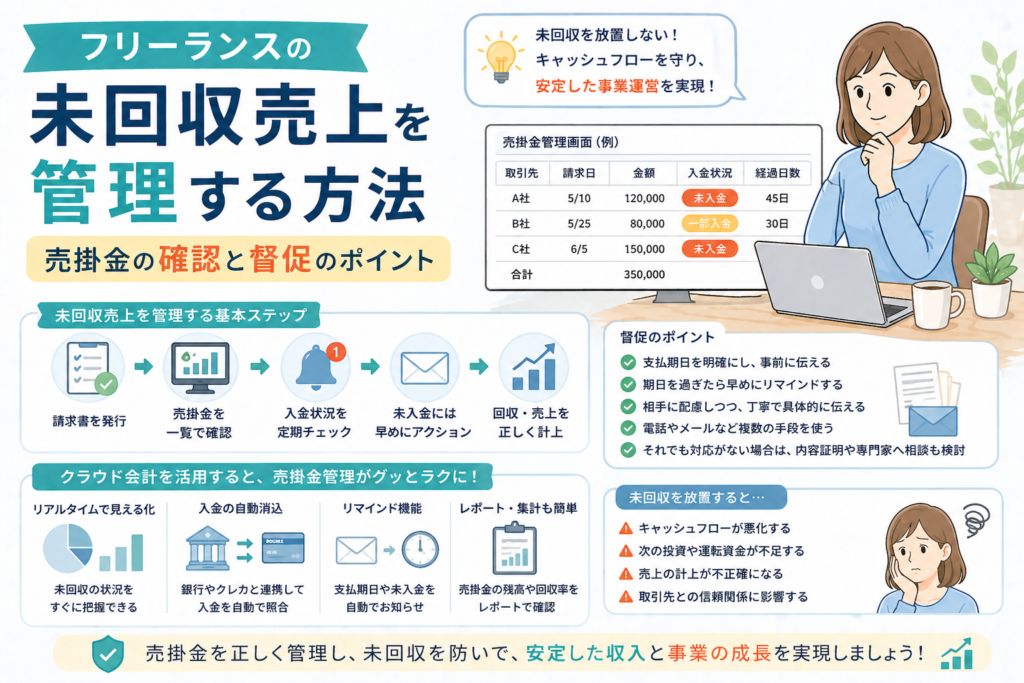 フリーランスの未回収売上を管理する方法について、売掛金の確認や入金状況のチェック、督促のポイントをわかりやすく表したアイキャッチ画像