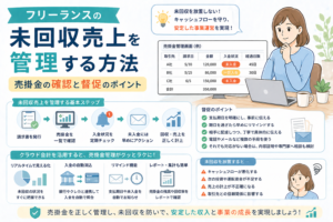 フリーランスの未回収売上を管理する方法について、売掛金の確認や入金状況のチェック、督促のポイントをわかりやすく表したアイキャッチ画像