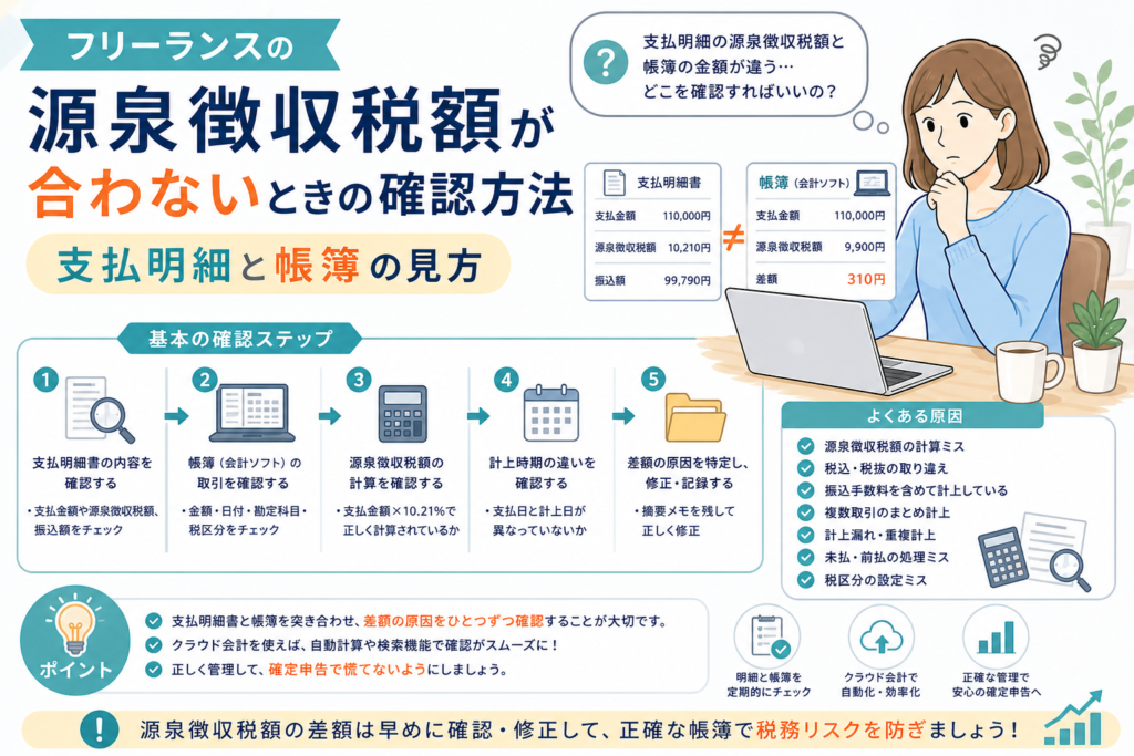 フリーランスの源泉徴収税額が合わないときに、支払明細と帳簿を照合して差額の原因を確認する方法をわかりやすく表したアイキャッチ画像