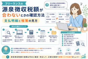 フリーランスの源泉徴収税額が合わないときに、支払明細と帳簿を照合して差額の原因を確認する方法をわかりやすく表したアイキャッチ画像