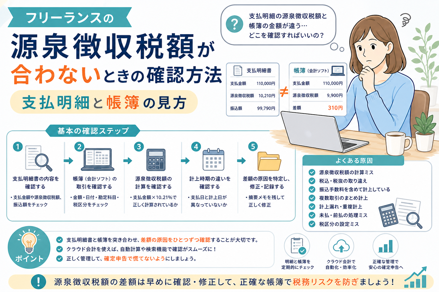 フリーランスの源泉徴収税額が合わないときに、支払明細と帳簿を照合して差額の原因を確認する方法をわかりやすく表したアイキャッチ画像