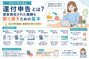 フリーランスの還付申告について、源泉徴収された報酬から払いすぎた税金を取り戻す流れをわかりやすく表したアイキャッチ画像