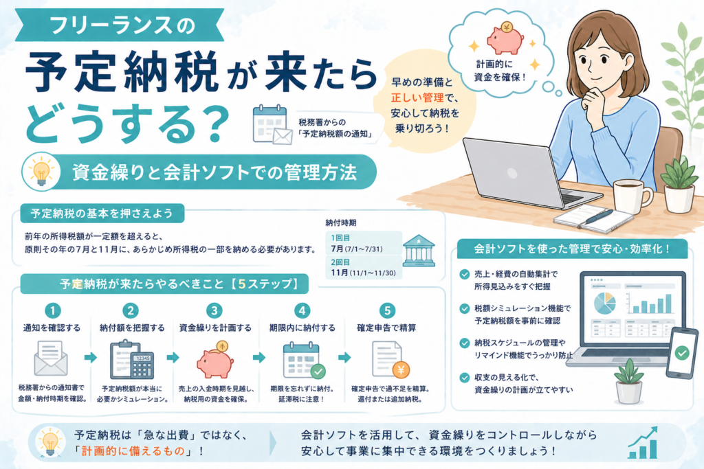 フリーランスに予定納税の通知が届いたときに、納付額の確認や資金繰り、会計ソフトでの管理方法をわかりやすく表したアイキャッチ画像