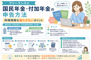 フリーランスの国民年金・付加年金の申告方法について、社会保険料控除として所得控除を漏らさないポイントをわかりやすく表したアイキャッチ画像