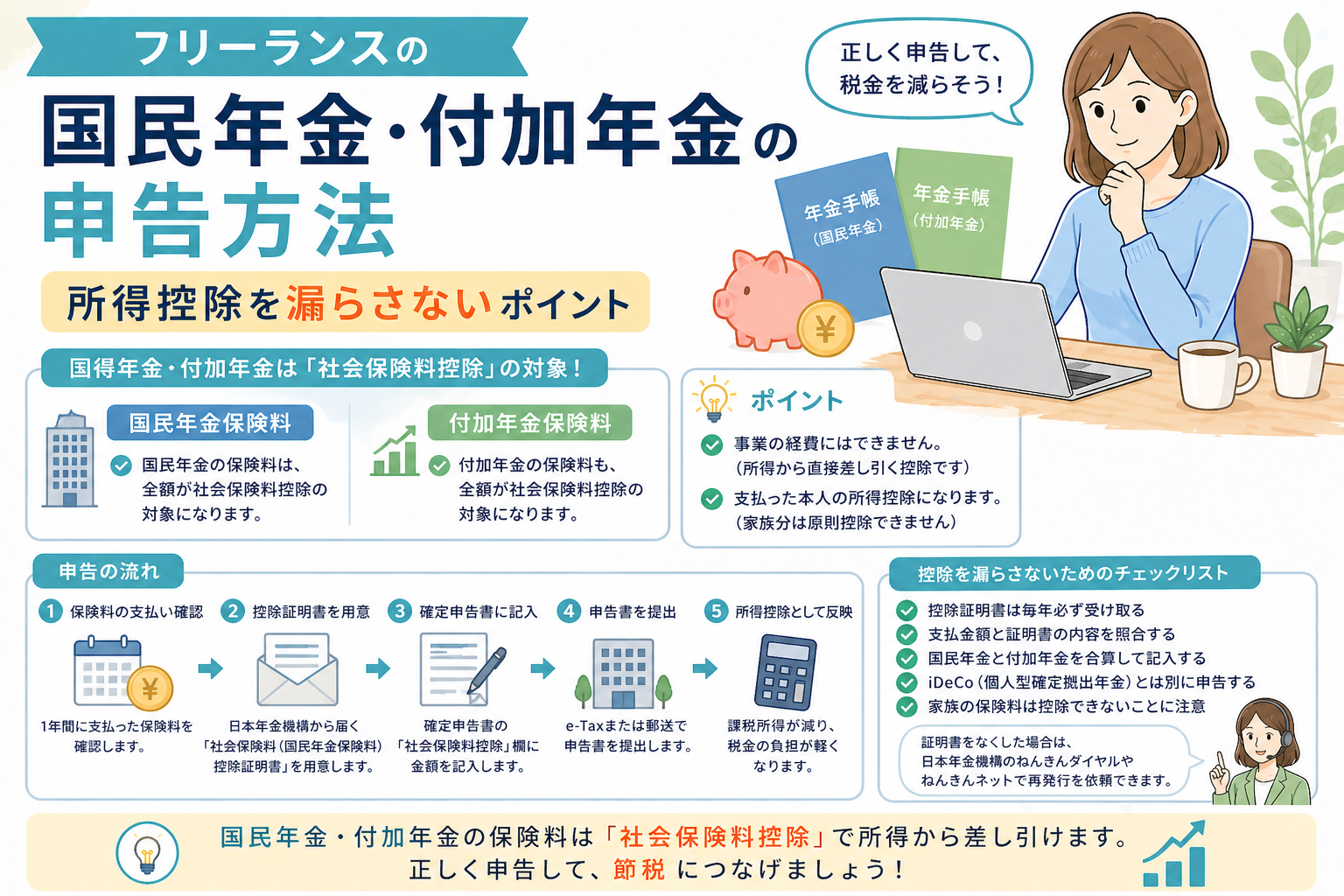 フリーランスの国民年金・付加年金の申告方法について、社会保険料控除として所得控除を漏らさないポイントをわかりやすく表したアイキャッチ画像