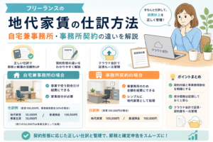 フリーランスの地代家賃の仕訳方法について、自宅兼事務所と事務所契約の違い、家事按分やクラウド会計での管理方法をわかりやすく表したアイキャッチ画像