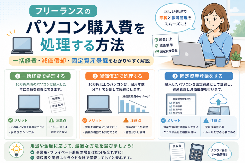 フリーランスのパソコン購入費について、一括経費・減価償却・固定資産登録の処理方法を金額や用途に応じてわかりやすく表したアイキャッチ画像