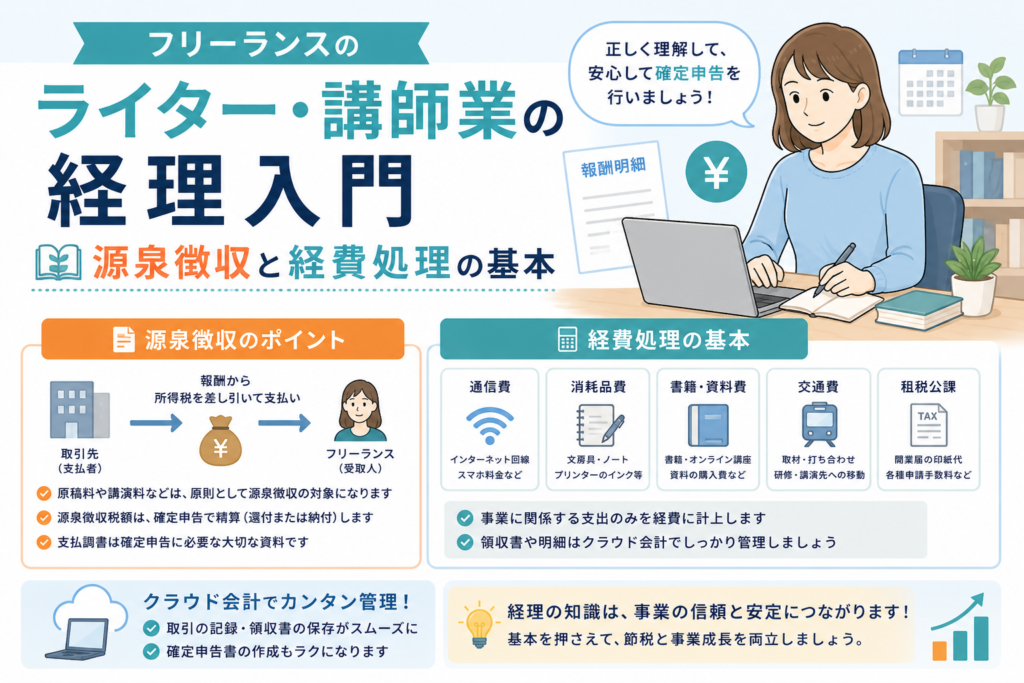 フリーランスのライター・講師業の経理について、源泉徴収の仕組みと通信費・書籍代・交通費などの経費処理の基本をわかりやすく表したアイキャッチ画像