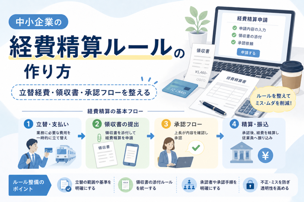 中小企業の経費精算ルールについて、立替経費、領収書の提出、承認フロー、精算・振込までの流れを、書類やパソコン画面、チェックリストのイラストでわかりやすく表したアイキャッチ画像。