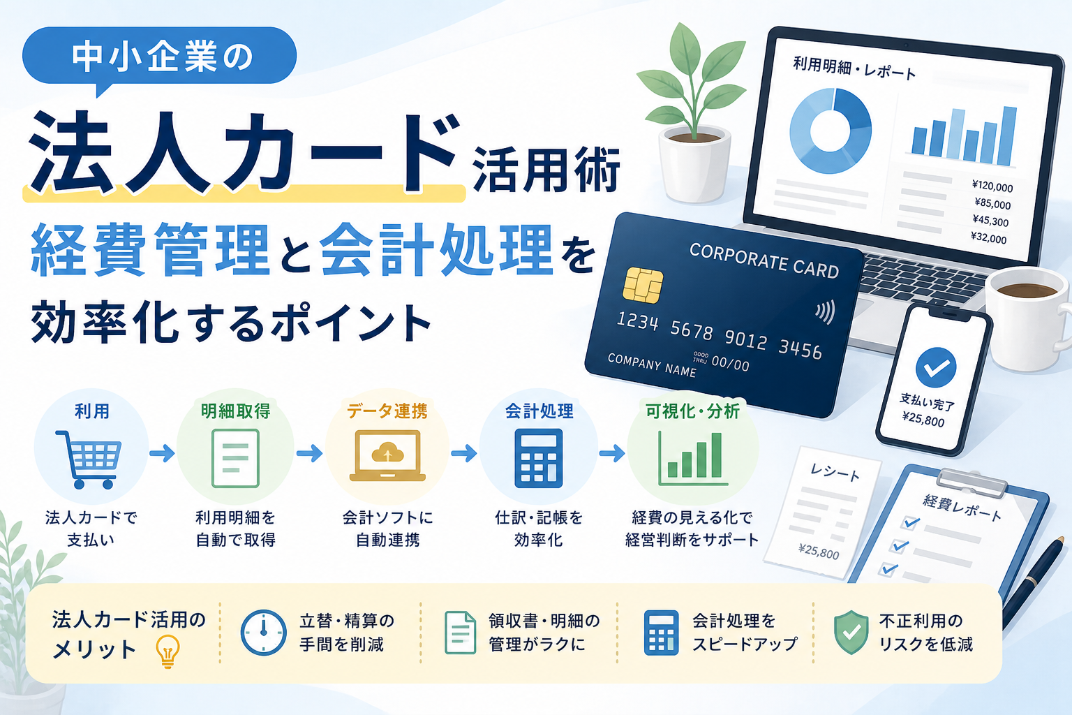 中小企業の法人カード活用について、経費支払い、利用明細の取得、会計ソフト連携、会計処理、経費の可視化までの流れを、法人カードやパソコン画面、レシートのイラストでわかりやすく表したアイキャッチ画像。