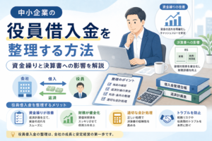 中小企業の役員借入金について、会社と役員間の借入・返済、資金繰り改善、決算書への影響、整理のポイントを、ノートパソコンや管理台帳、チェックリストのイラストでわかりやすく表したアイキャッチ画像。