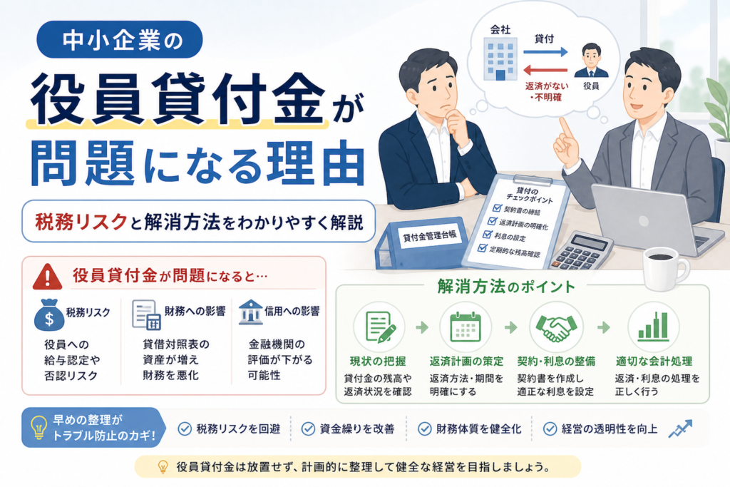 中小企業の役員貸付金について、会社から役員への貸付、返済が不明確な状態、税務リスク、財務や信用への影響、解消方法を、相談場面やチェックリストのイラストでわかりやすく表したアイキャッチ画像。