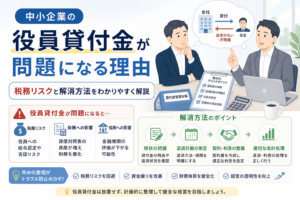 中小企業の役員貸付金について、会社から役員への貸付、返済が不明確な状態、税務リスク、財務や信用への影響、解消方法を、相談場面やチェックリストのイラストでわかりやすく表したアイキャッチ画像。