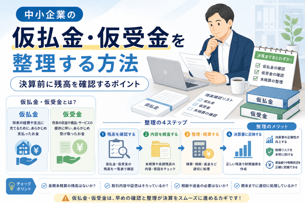 中小企業の仮払金・仮受金について、残高確認、内容精査、整理・精算、決算書への反映までの流れを、書類やチェックリスト、会計資料のイラストでわかりやすく表したアイキャッチ画像。