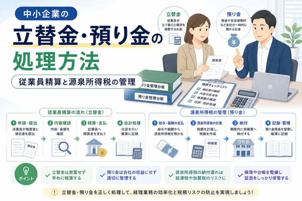 中小企業の立替金・預り金について、従業員精算の流れと源泉所得税の管理方法を、精算書や領収書、管理台帳、会計処理のイラストでわかりやすく表したアイキャッチ画像。