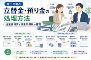 中小企業の立替金・預り金について、従業員精算の流れと源泉所得税の管理方法を、精算書や領収書、管理台帳、会計処理のイラストでわかりやすく表したアイキャッチ画像。