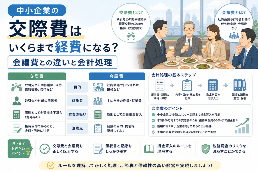 中小企業の交際費について、いくらまで経費になるのか、会議費との違い、損金算入の考え方、領収書管理や会計処理の流れを、会食やチェックリストのイラストでわかりやすく表したアイキャッチ画像。
