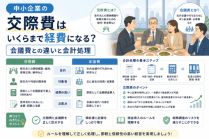 中小企業の交際費について、いくらまで経費になるのか、会議費との違い、損金算入の考え方、領収書管理や会計処理の流れを、会食やチェックリストのイラストでわかりやすく表したアイキャッチ画像。