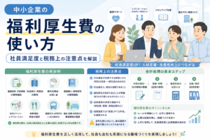 中小企業の福利厚生費について、社員満足度向上につながる具体例や税務上の注意点、会計処理の流れを、社員同士の会話やチェックリスト、経費管理のイラストでわかりやすく表したアイキャッチ画像。