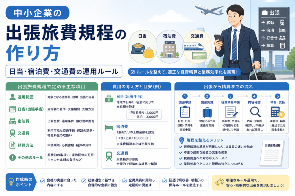 中小企業の出張旅費規程について、日当・宿泊費・交通費の運用ルールや出張申請から経費精算までの流れを、出張者や交通機関、チェックリストのイラストでわかりやすく表したアイキャッチ画像。