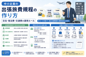 中小企業の出張旅費規程について、日当・宿泊費・交通費の運用ルールや出張申請から経費精算までの流れを、出張者や交通機関、チェックリストのイラストでわかりやすく表したアイキャッチ画像。