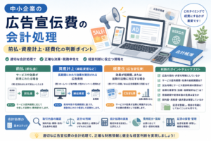 中小企業の広告宣伝費について、前払金、資産計上、経費化の判断ポイントや会計処理の流れを、広告資料、パソコン画面、会計帳簿、チェックリストのイラストでわかりやすく表したアイキャッチ画像。