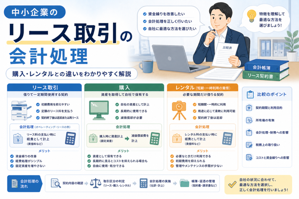 中小企業のリース取引について、リース・購入・レンタルの違いや会計処理の考え方を、比較表、契約書、会計帳簿、事務機器のイラストでわかりやすく表したアイキャッチ画像。